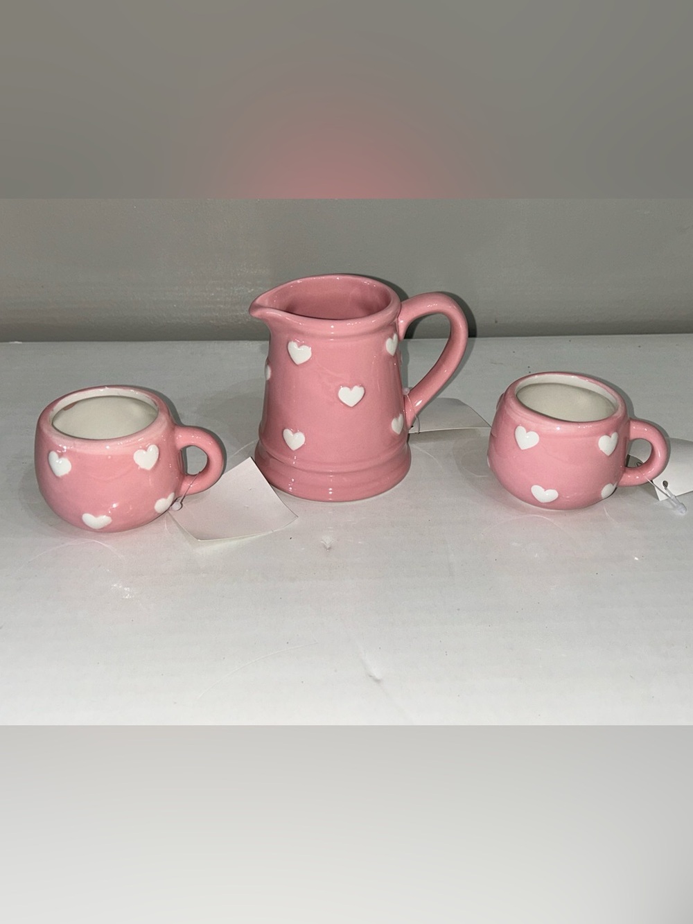 Hobby Lobby Pink Heart Ceramic Creamer and Mini Mugs Cups Set